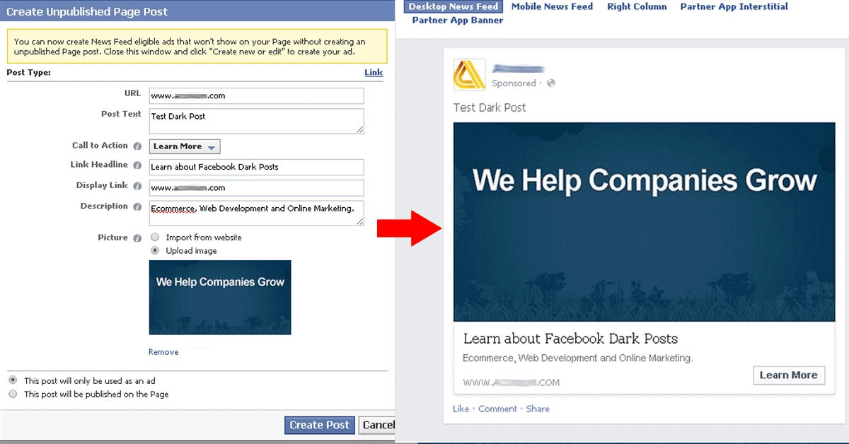 Facebook dark post creation and example